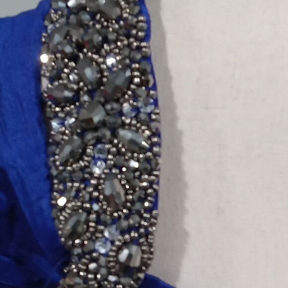 Alex Evenings purple/blue allover ruched floor length gown with  sequin shoulder - Picture 2 of 4